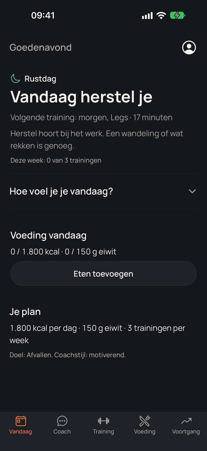 Het beginscherm van Fitritme met de training van vandaag